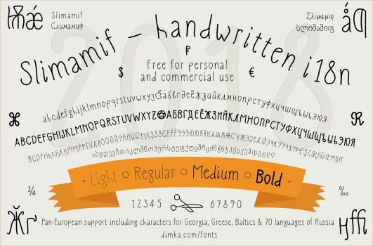 Free Handwritten Font Slimamif that supports Latin Cyrillic Georgian Greek
